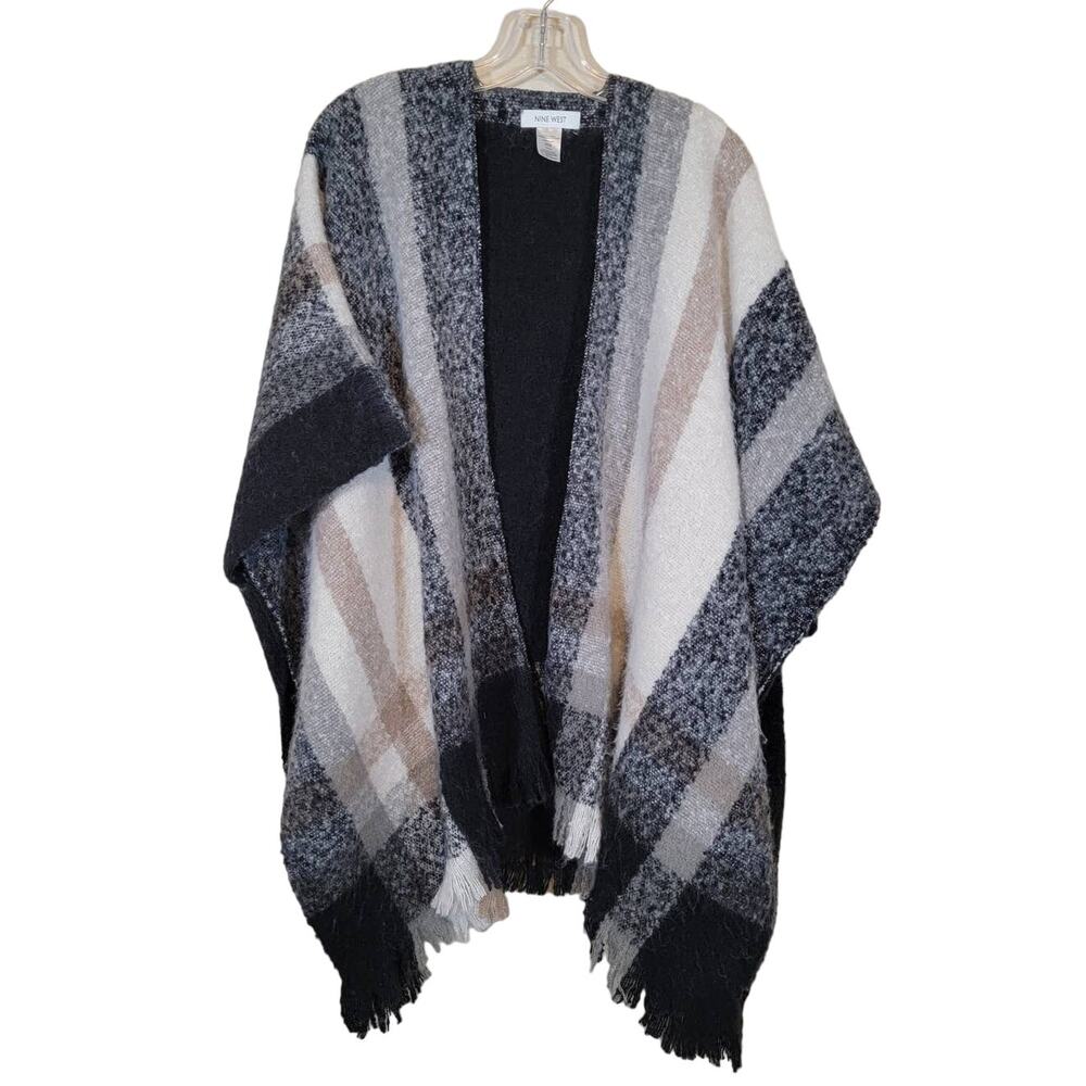 Nine West Striped Shawl Cape Cover Poncho Cozy Warm Shrug Black Cream One Size